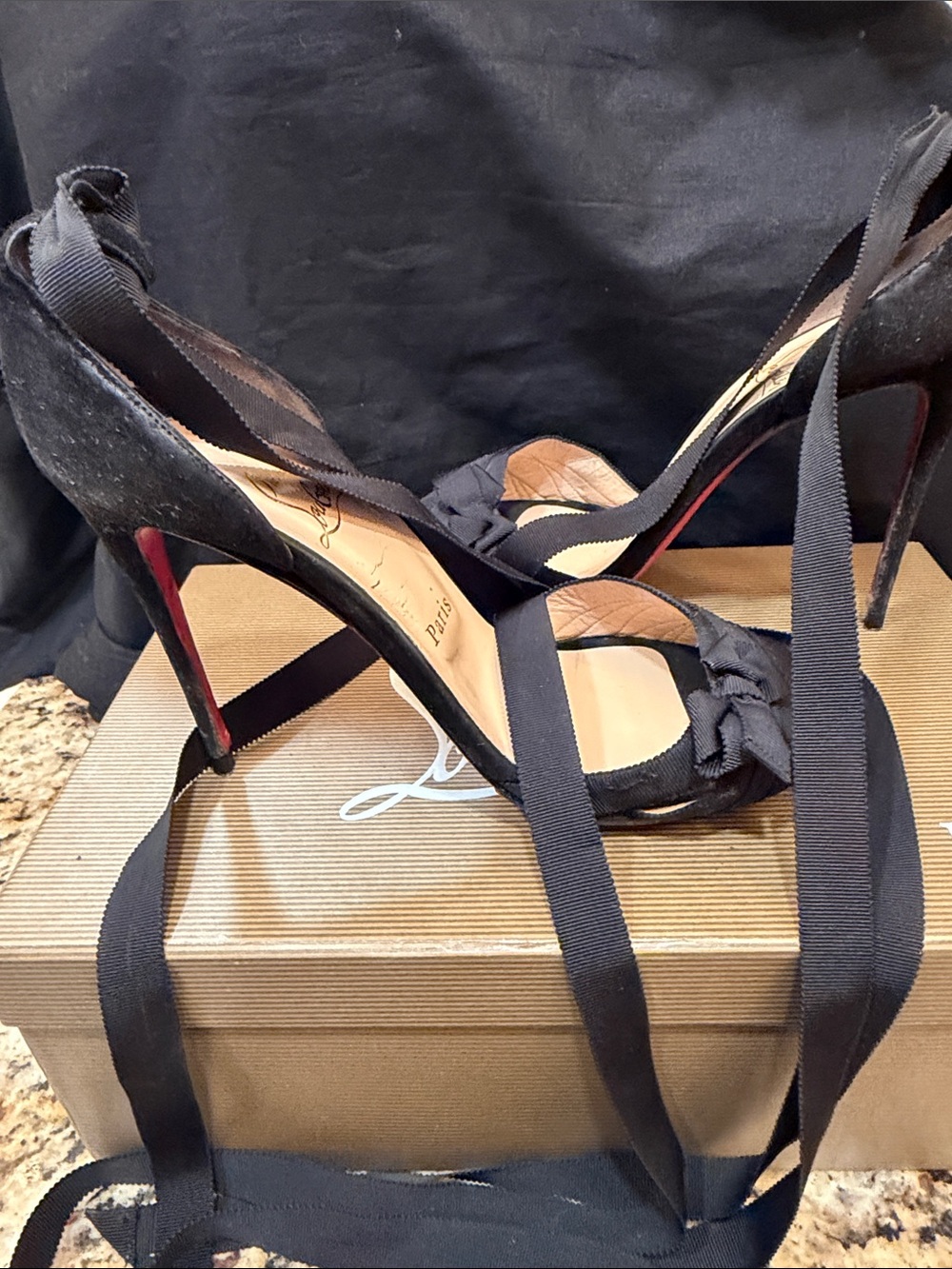 Christian Louboutin Black Suede Ankle-Tie Stilettos with Red Sole